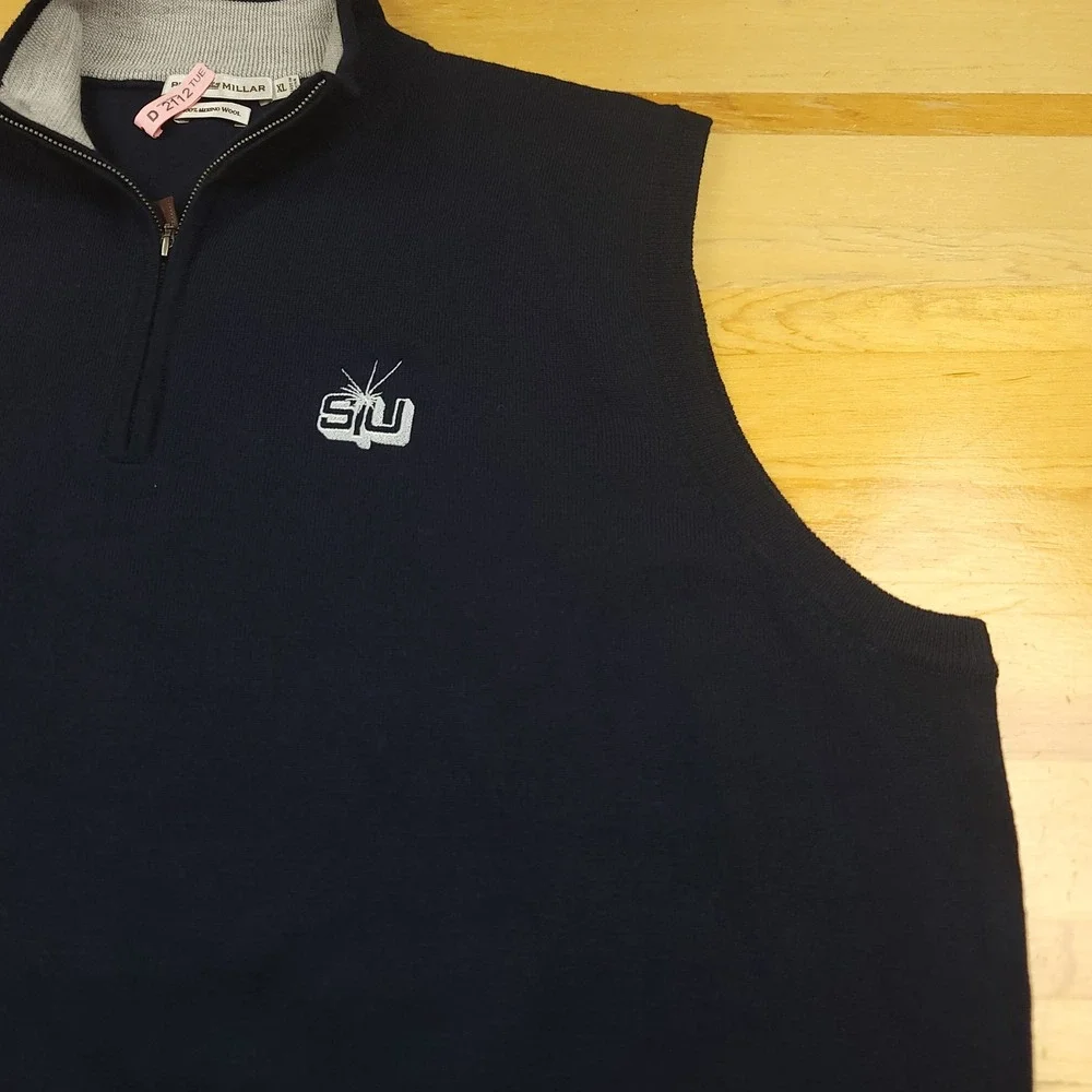 Peter Millar Navy 100% Merino Wool Quarter Zip Sweater Vest XL SU‎ Logo Golf